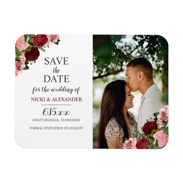 Magnet Flexible Faire-part de mariage floral rose poudré et bordea (Horizontal)