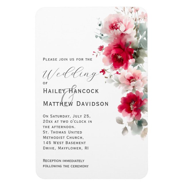 Magnet Flexible Faire-part de mariage floral rose rouge et rose (Vertical)