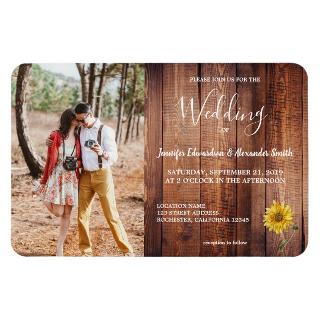 Magnet Flexible Faire-part de mariage photo de tournesol en bois r (Horizontal)