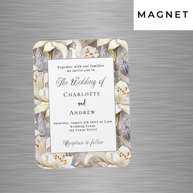 Magnet Flexible Faire-part de mariage rétro argent lis blancs (Créateur téléchargé)