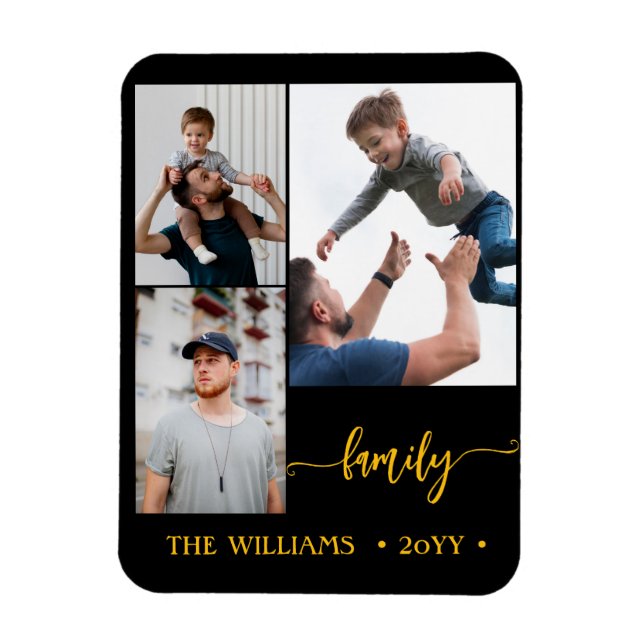 Magnet Flexible famille 3 photo collage noir or script aimant (Vertical)