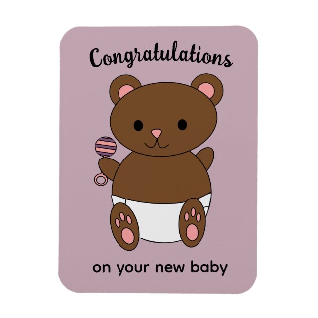 Magnet Flexible Félicitations Nouvelle Bébée Fille Ours Rose Viole (Vertical)