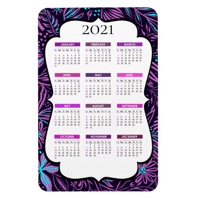 Magnet Flexible Feuilles tropicaux pourpres et bleus | Calendrier  (Vertical)