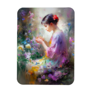 Magnet Flexible Fille admirant une fleur dans ses mains