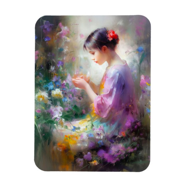 Magnet Flexible Fille admirant une fleur dans ses mains (Vertical)