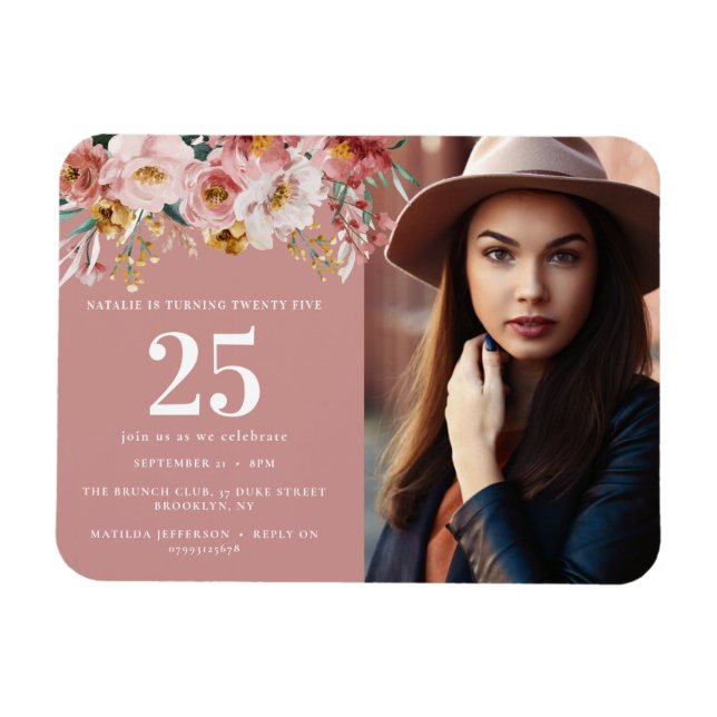 Magnet Flexible Fille aquarelle florale éditable photo d'âge (Horizontal)