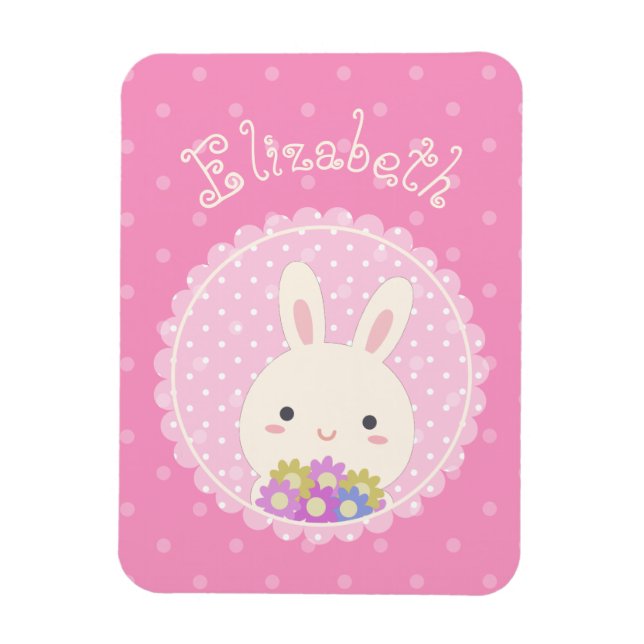 Magnet Flexible Fille rose mignonne Kawaii Bunny & Fleurs Nom Pers (Vertical)