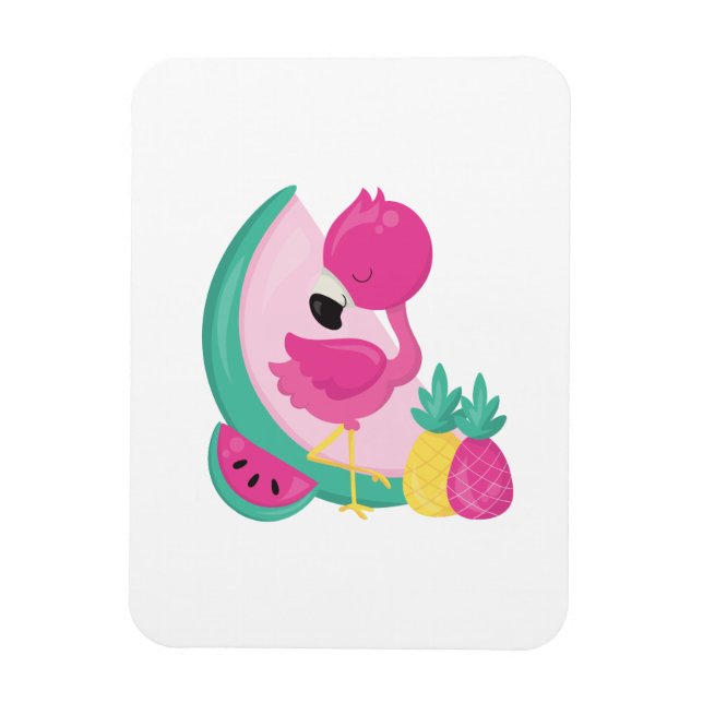 Magnet Flexible Flamant rose rose avec pastèque et ananas (Vertical)