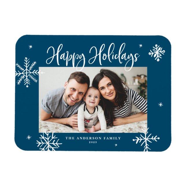 Magnet Flexible Flammes de neige Whimsical Blue Happy Holidays Pho (Horizontal)