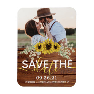 Magnet Flexible Fleurs de soleil en bois rustique Sauvez la date