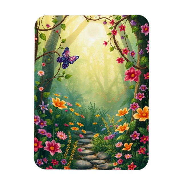 Magnet Flexible Fleurs et papillon dans une forêt tropicale enchan (Vertical)