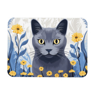 Magnet Flexible Fleurs Jaunes Chat Bleu Russe