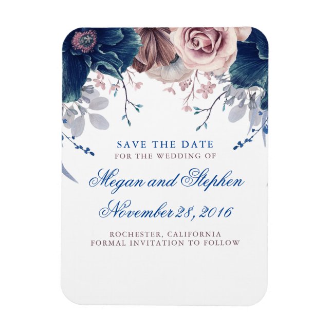 Magnet Flexible Floral bleu marine et mauve sauvez la date (Vertical)