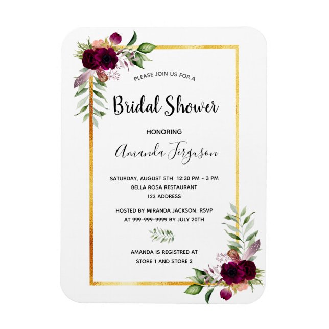 Magnet Flexible Floraux Bourgogne or verdure boho douche nuptiale (Vertical)