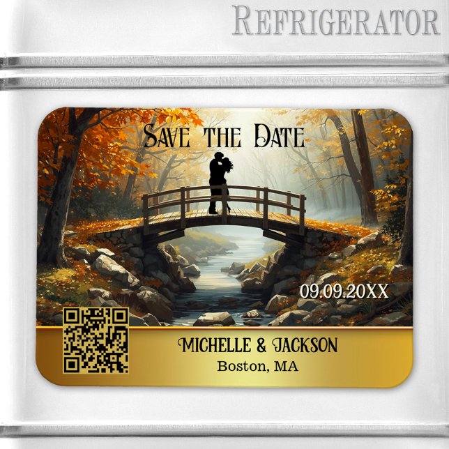 Magnet Flexible Forêt Automnale Romantique Enregistrer la Date (Save the Date magnet featuring a painting of a couple on a bridge in a fall forest - with QR code)