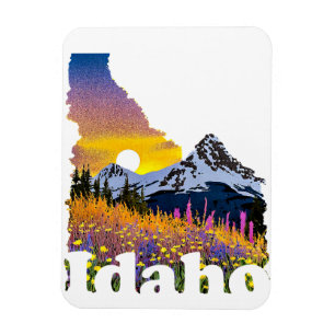 Magnet Flexible Forme de l'Idaho avec montagne et fleurs sauvages