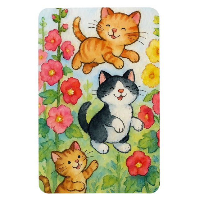 Magnet Flexible Frolicking Country Chats in Flower Garden (Vertical)