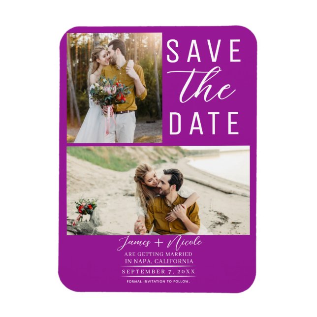 Magnet Flexible Fuchsia Pink Modern 2 Photos Save the Date Mariage (Vertical)