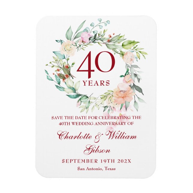 Magnet Flexible Garland rose 40e anniversaire Enregistrer la date (Vertical)