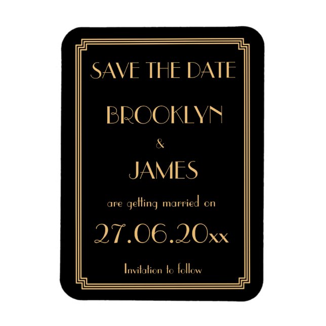 Magnet Flexible Gatsby Art Déco Noir Mariage Enregistrer La Date M (Vertical)