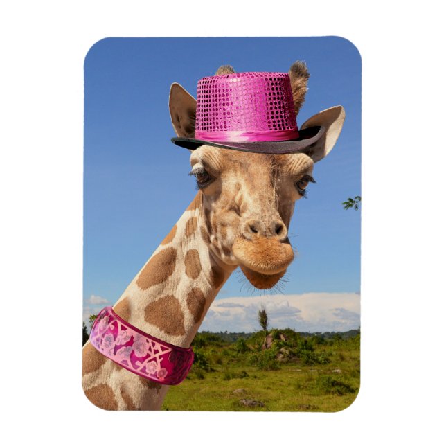 Magnet Flexible Giraffe dans un casquette rose étincelant (Vertical)