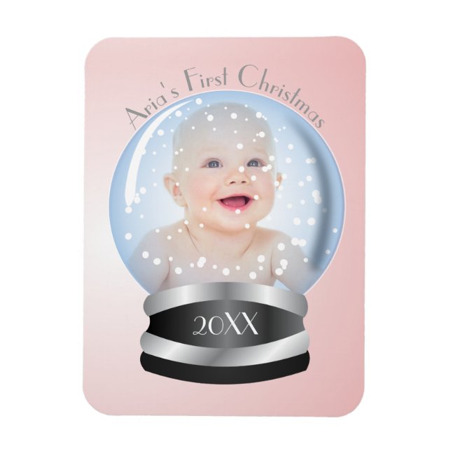 Magnet Flexible Globe des neiges Pink Girl Baby's 1st Christmas Ph (Vertical)