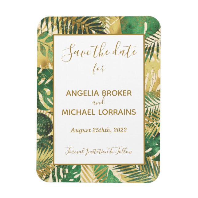 Magnet Flexible Gold Green Tropical Feuilles Enregistrer la date M (Vertical)
