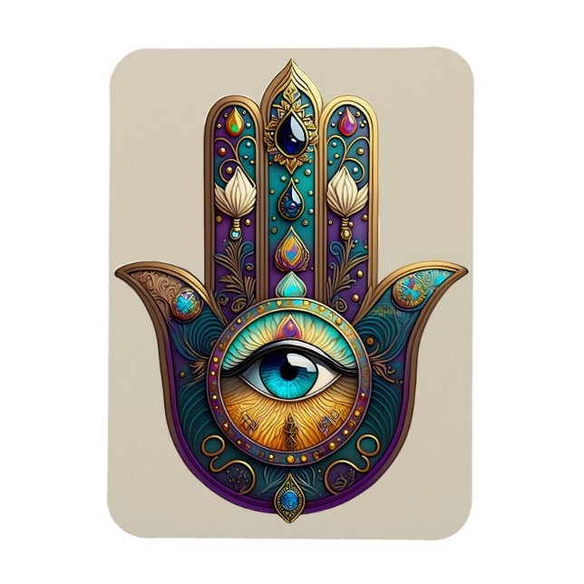 Magnet Flexible Gold Violet Teal Hamsa w/ Turquoise Third Eye (Vertical)