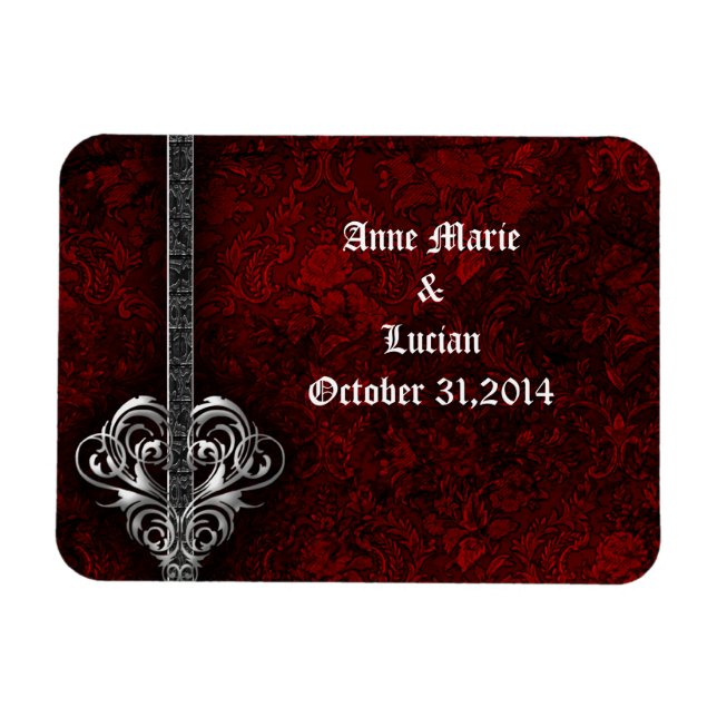 Magnet Flexible Goth Red Damask Silver Heart enregistrer la date (Horizontal)