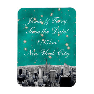 Magnet Flexible Gravure de la skyline de NYC 2 Teal Gold Star Enre