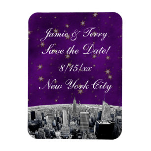 Magnet Flexible Gravure de la skyline de NYC 2 Violet Or Save Date