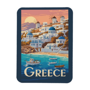 Magnet Flexible Grèce Mykonos Illustration Voyage Art Vintage