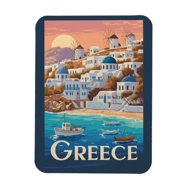 Magnet Flexible Grèce Mykonos Illustration Voyage Art Vintage (Vertical)