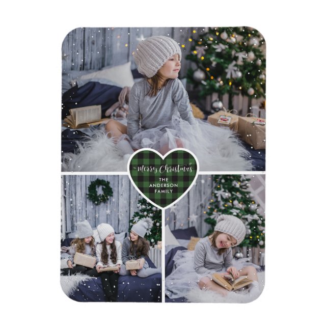 Magnet Flexible Green Buffalo Plaid Heart Photo Joyeux Noël (Vertical)