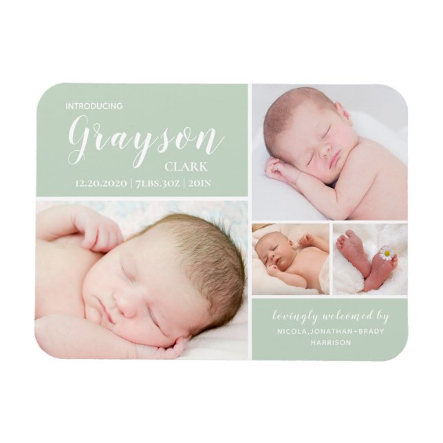Magnet Flexible Green Photo Collage Faire-part de naissance bébé (Horizontal)