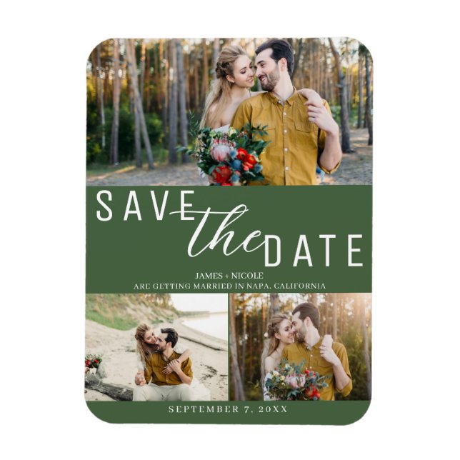 Magnet Flexible Green Save the Date Mariage 3 Photos (Vertical)