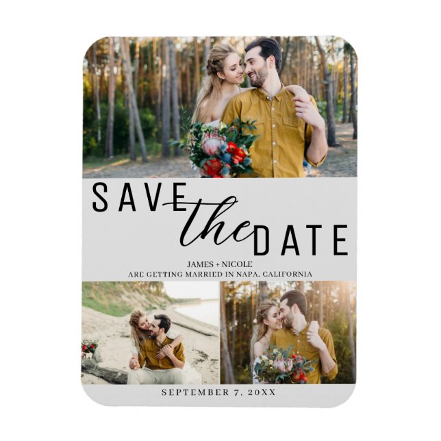 Magnet Flexible Gris clair Enregistrer la date Mariage 3 photos (Vertical)