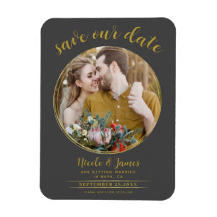 Magnet Flexible Gris & Or Moderne Rond Photo Save the Date