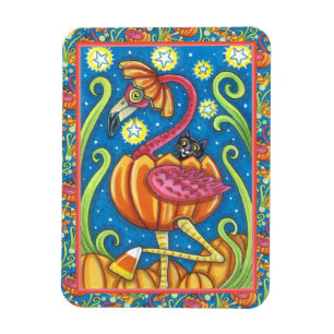MAGNET FLEXIBLE HALLOWEEN FLAMANT ROSE ROSE & CHAT NOIR EN CITROUI