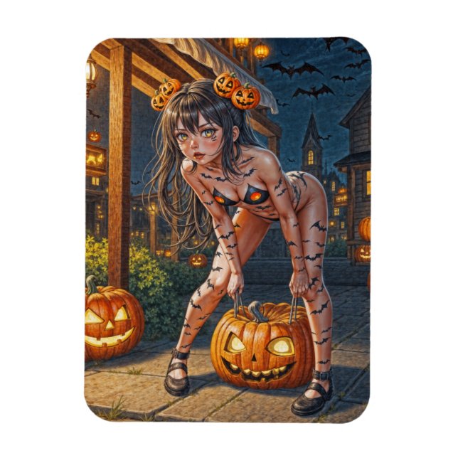 Magnet Flexible Halloween Monster Jack-o-Lantern & Bat Vixen Girl (Vertical)