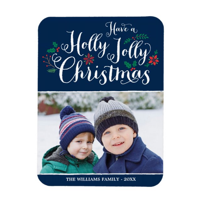 Magnet Flexible Holly Jolly Christmas Marine Blue Holiday Photo (Vertical)