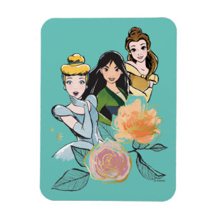 Magnet Flexible Illustration de Cendrillon, Mulan et Belle Florale