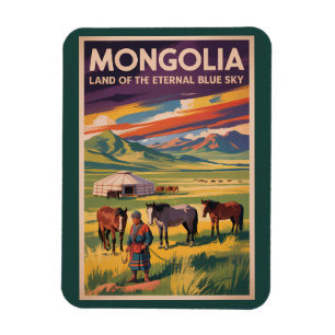 Magnet Flexible Illustration de voyage rétro de yourte de chevaux 