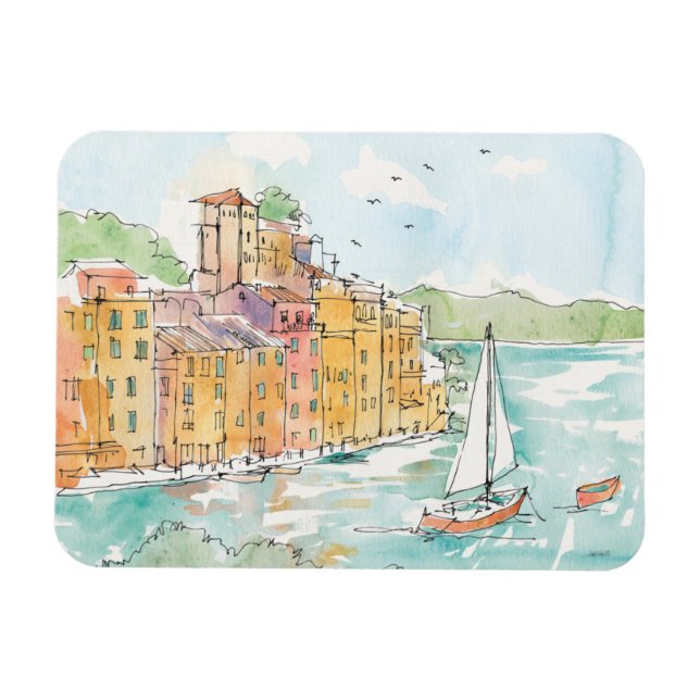 Magnet Flexible Illustration du port de Porofino avec voilier (Horizontal)