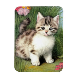 Magnet Flexible Illustration vintage de chat avec Fleurs rouges