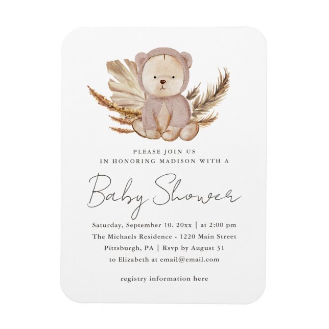 Magnet Flexible Invitation Baby shower Boho avec ours doux (Vertical)