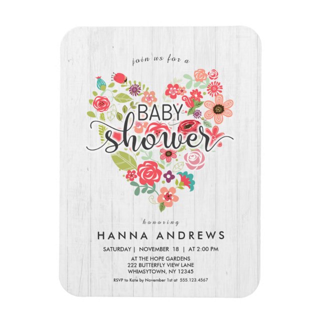 Magnet Flexible Invitation Baby shower fille en bois blanc et coeu (Vertical)