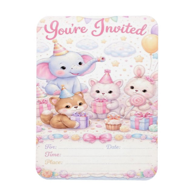 Magnet Flexible Invitation d'anniversaire pour bébé avec des anima (Vertical)