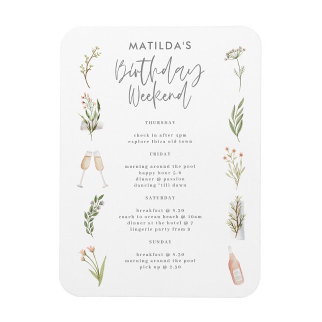 Magnet Flexible Itinéraire d'anniversaire floral aquarelle (Vertical)