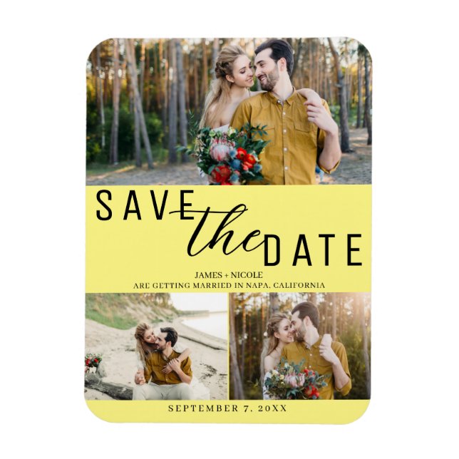 Magnet Flexible Jaune Enregistrer la date Mariage 3 photos (Vertical)